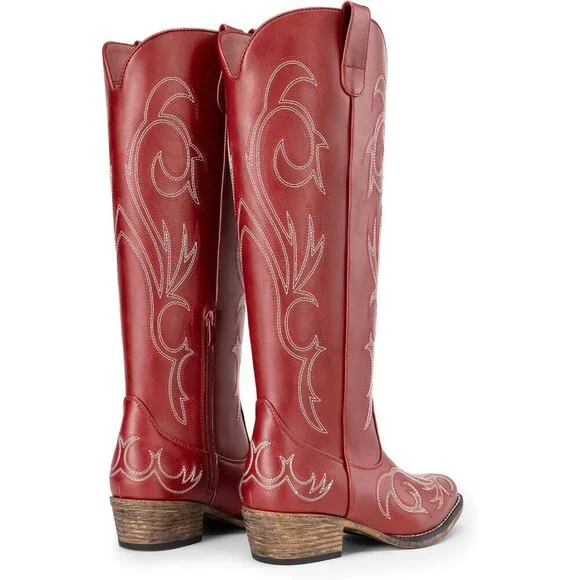 Women Faux Leather Red Knee High Chunky Heel Side Zipper Embroidered Boot
